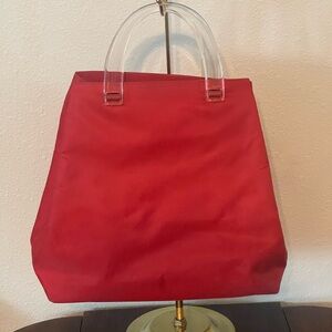 Prada Tesseto Nylon Triangle Red Tote with Transparent Handles